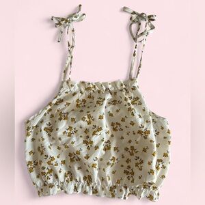 Floral Tie-Strap Crop Top - White with Mustard Floral